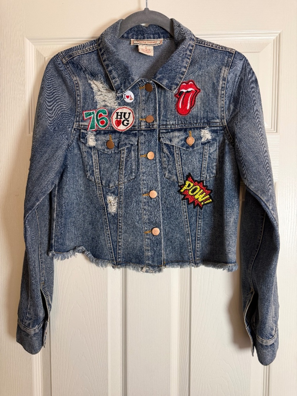 Flying Tomato Distressed Patch Denim Jacket Rolling Stones M